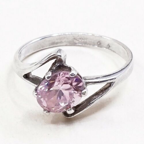 Sz 7.25, Sterling Silver Ring, 925 Silver Engagement Ring W/ pink Crystal