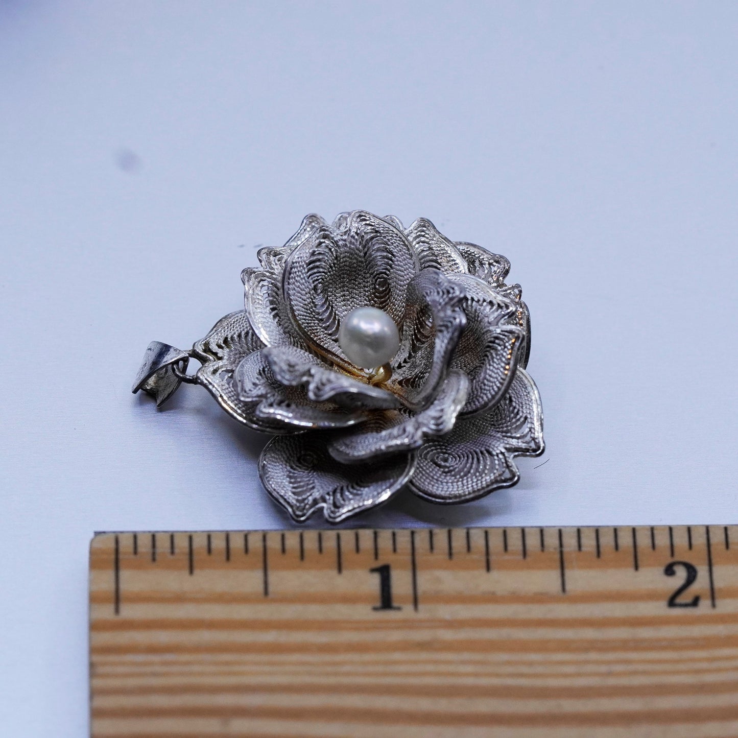 antique sterling 925 silver filigree rose flower pendant charm with pearl