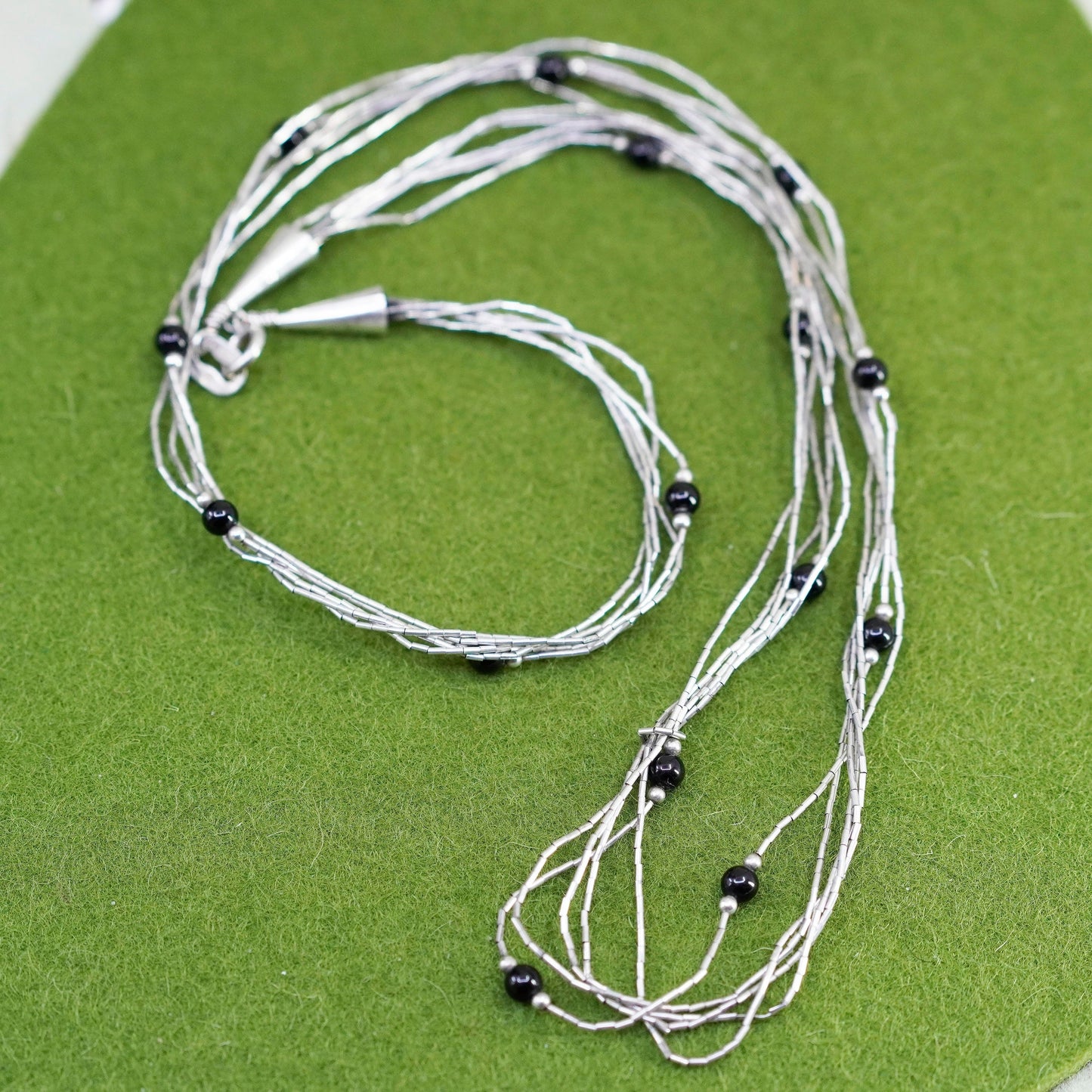 24”, Native American Liquid Sterling 925 Silver necklace chain obsidian beads