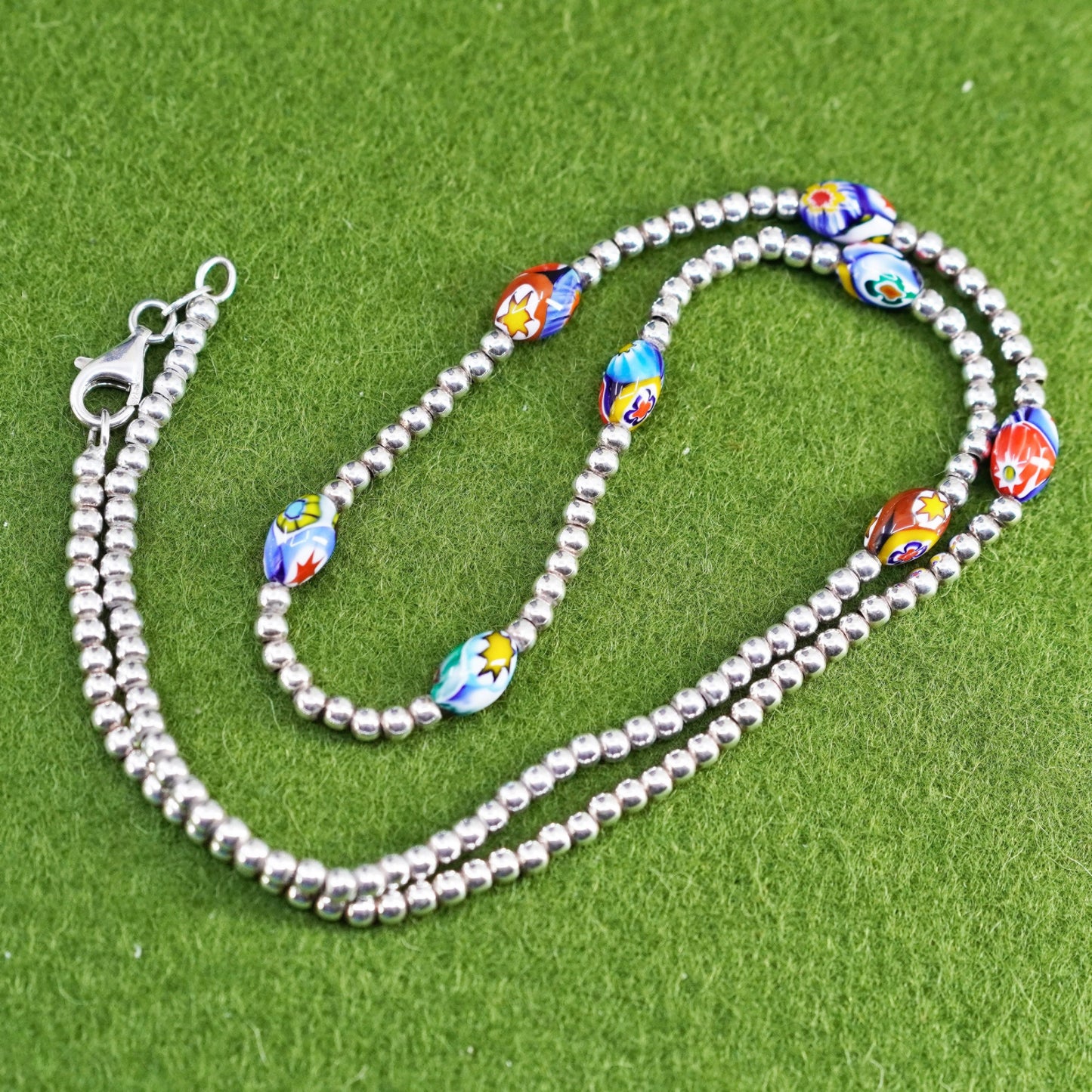 20”, Sterling silver handmade beaded chain necklace with Italian Murano glass