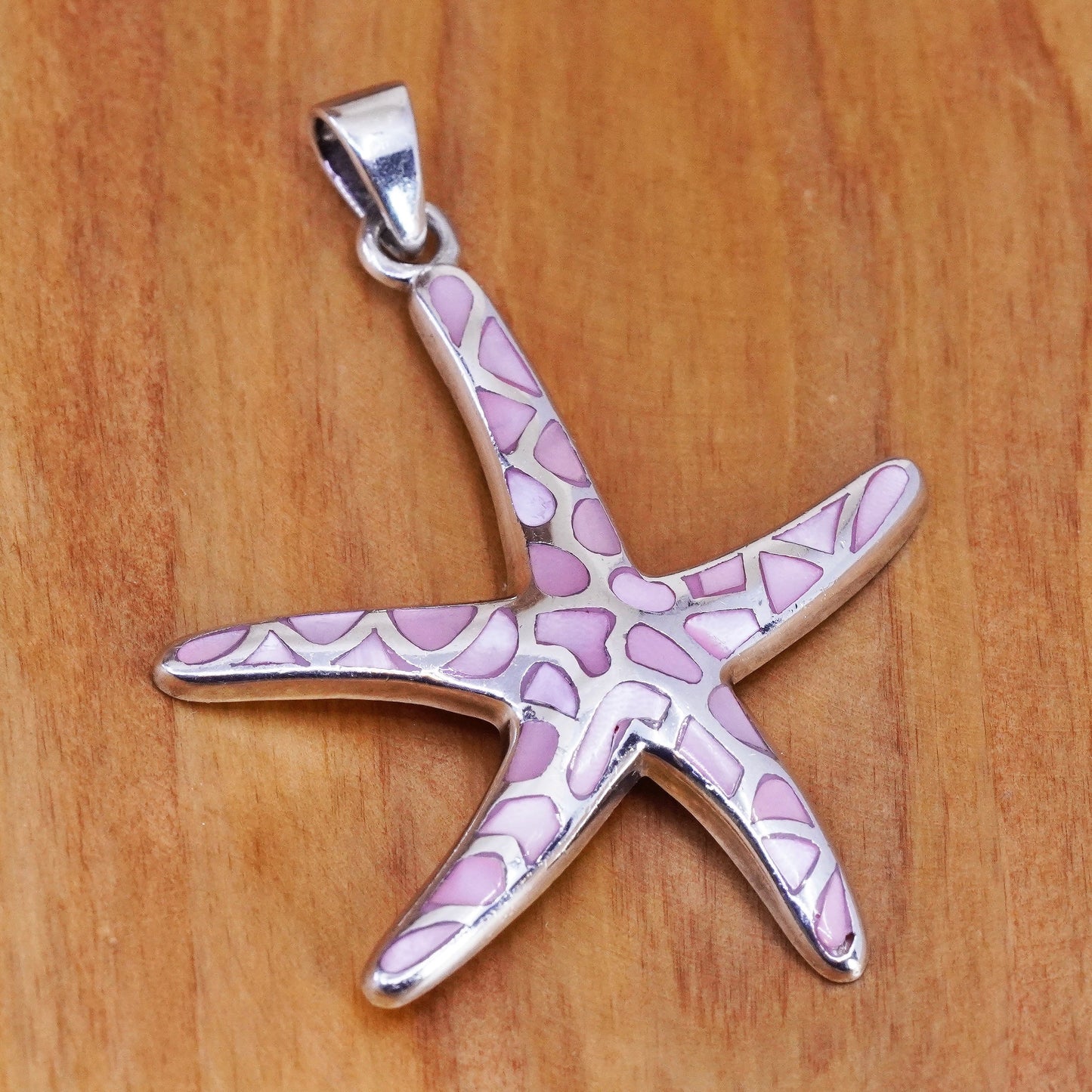 Vintage Sterling 925 silver handmade star starfish pendant pink mother of pearl