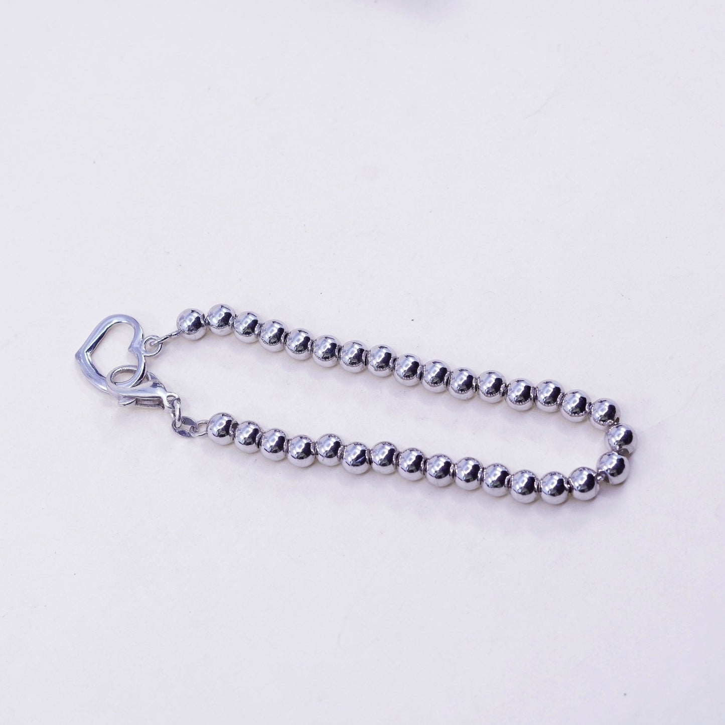 8”, 6mm, Sterling silver handmade bracelet, 925 beads chain with heart charm