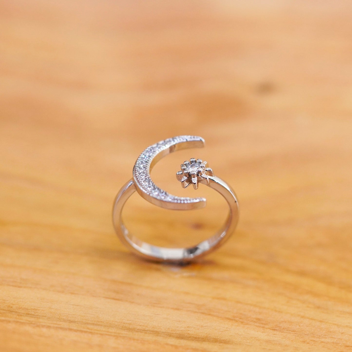 Size adjustable , vintage Sterling 925 silver star moon ring with cluster cz