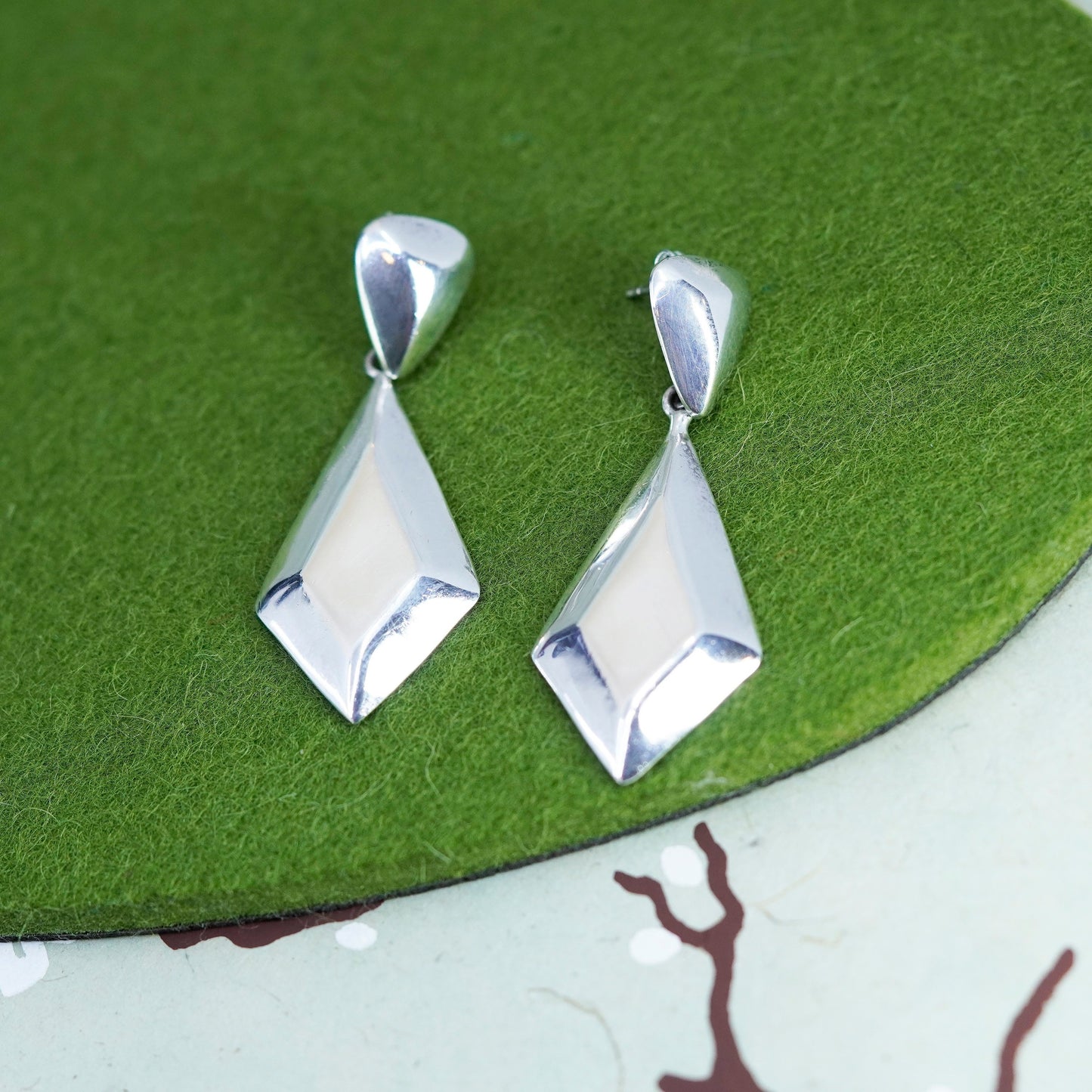 Vintage Sterling 925 silver handmade earrings with diamond shaped drops