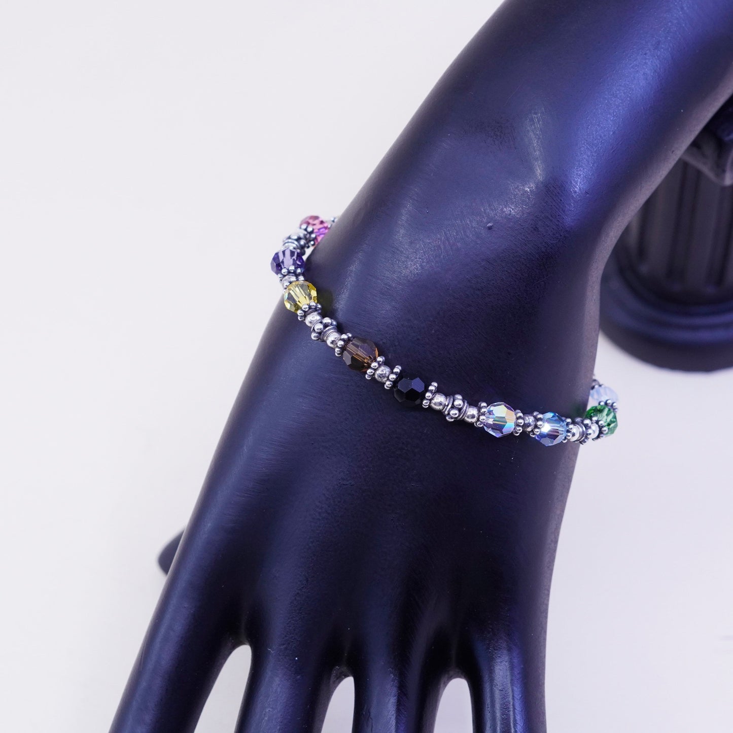 6.5”, Sterling silver handmade bracelet, 925 beads and Crystal and cross charm