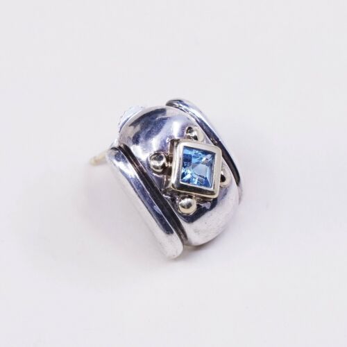 Vtg 14K Yellow Gold Sterling Silver Handmade Earrings, 925 Studs W/ Blue Topaz