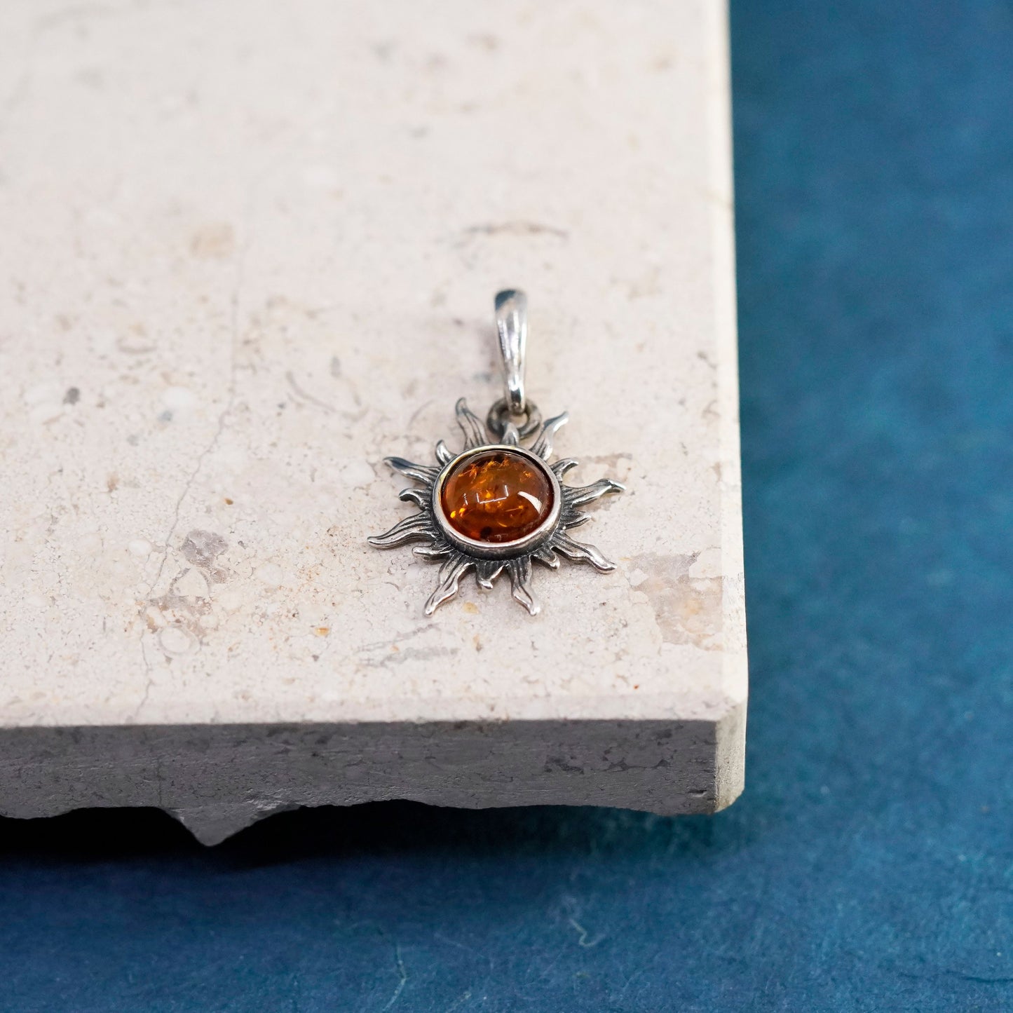 Vintage Sterling 925 silver handmade sun pendant with amber