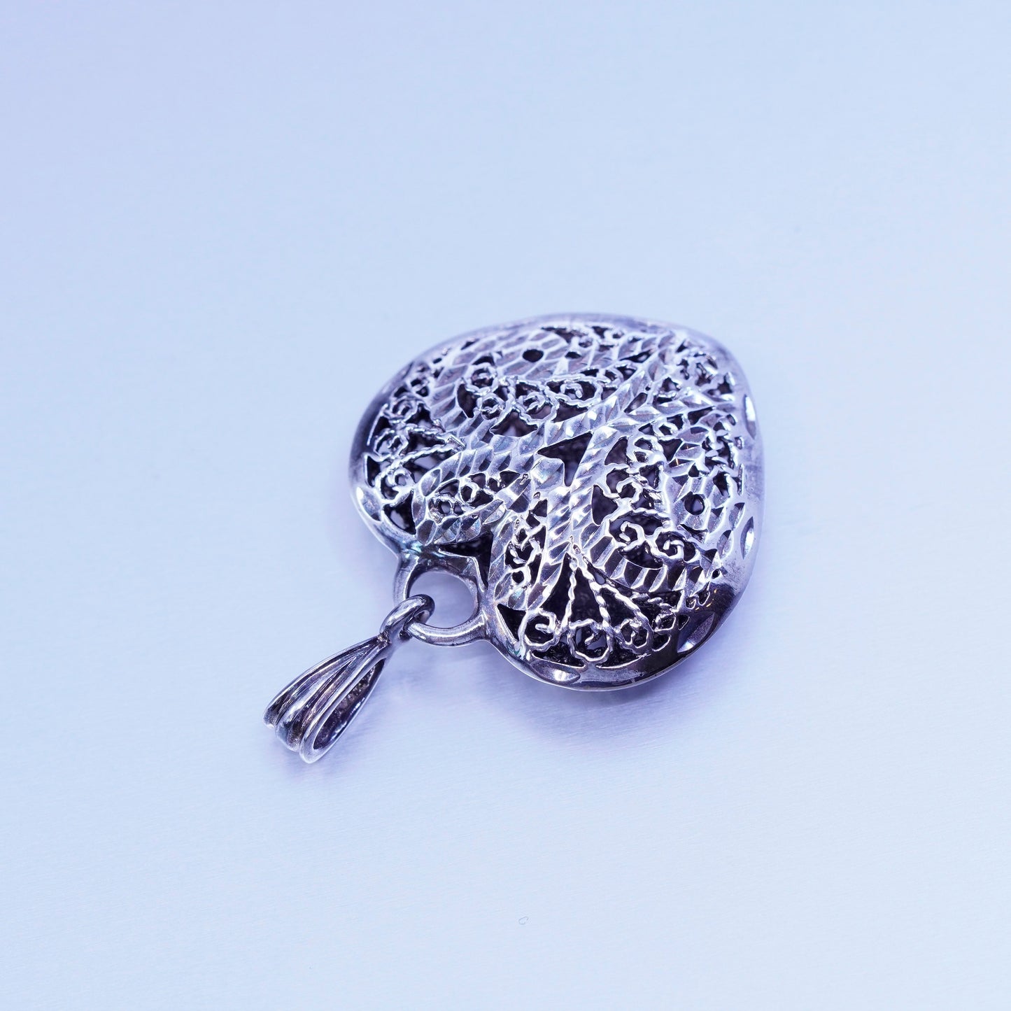 Antique Sterling silver charm, 925 puffy filigree heart pendant