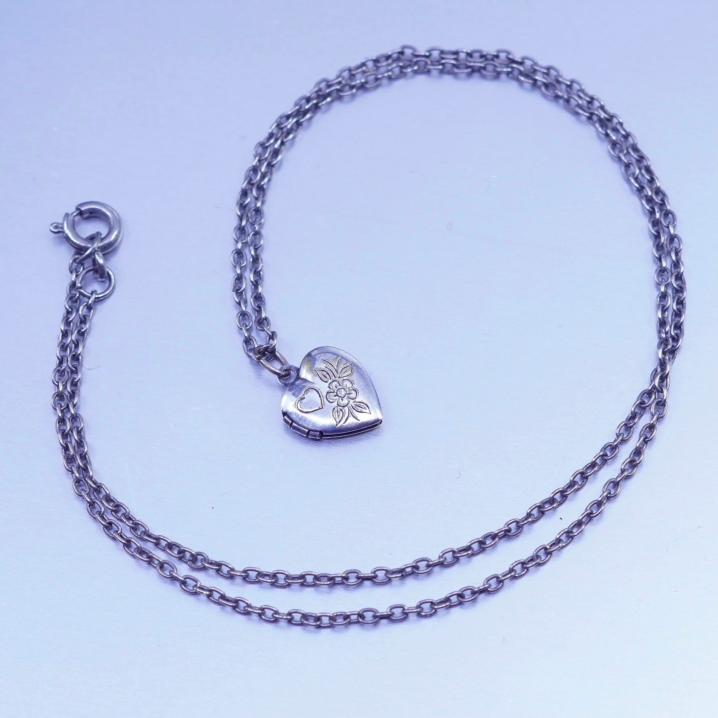 16”, Sterling 925 silver circle chain necklace with heart photo locket pendant