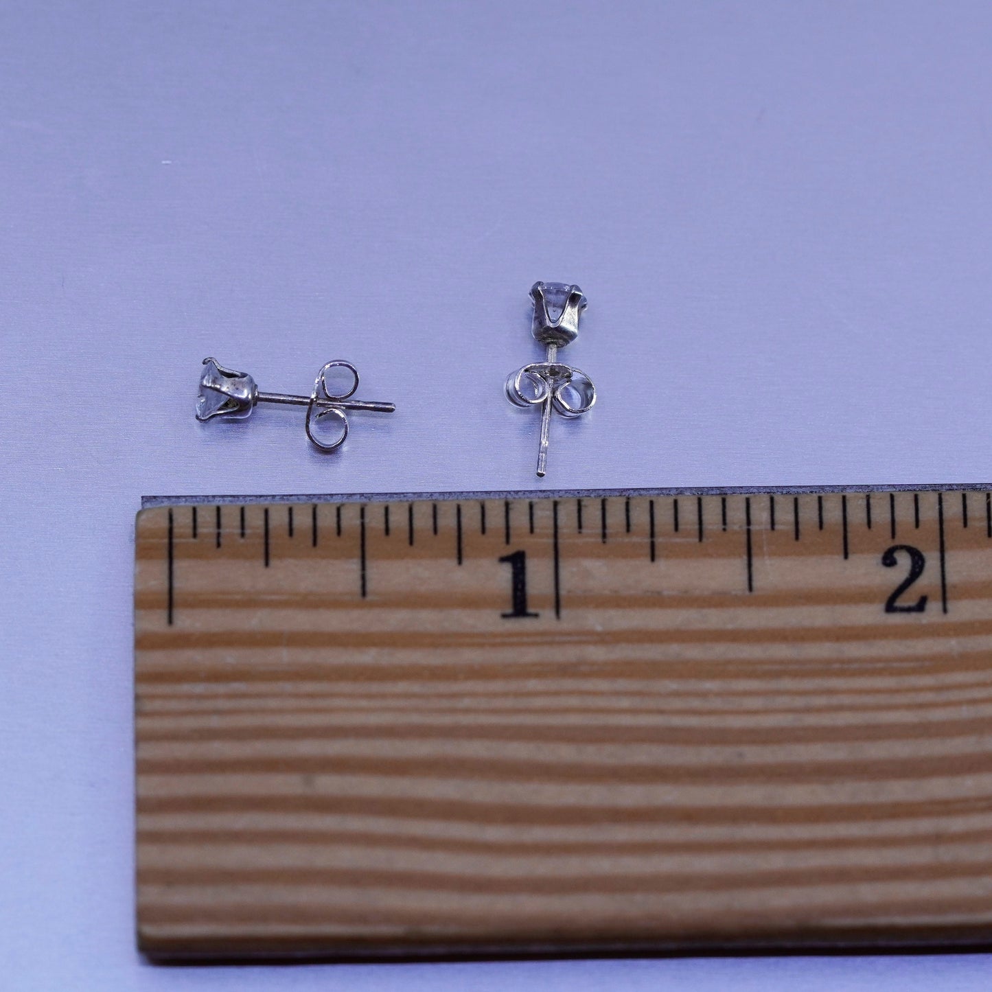 2mm, Vintage Sterling 925 silver earrings, studs with cz inlay