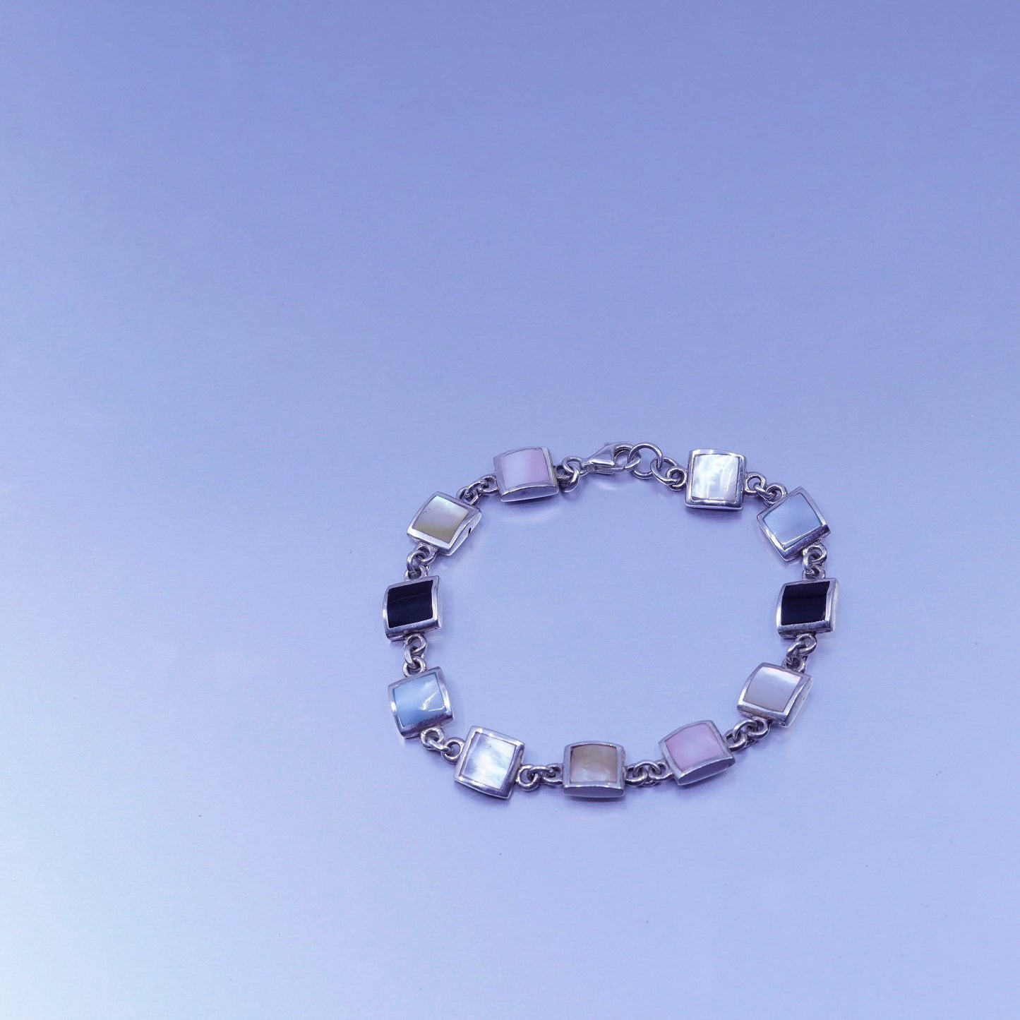 7”, Sterling 925 silver tennis bracelet chain with mother of pearl and obsidian
