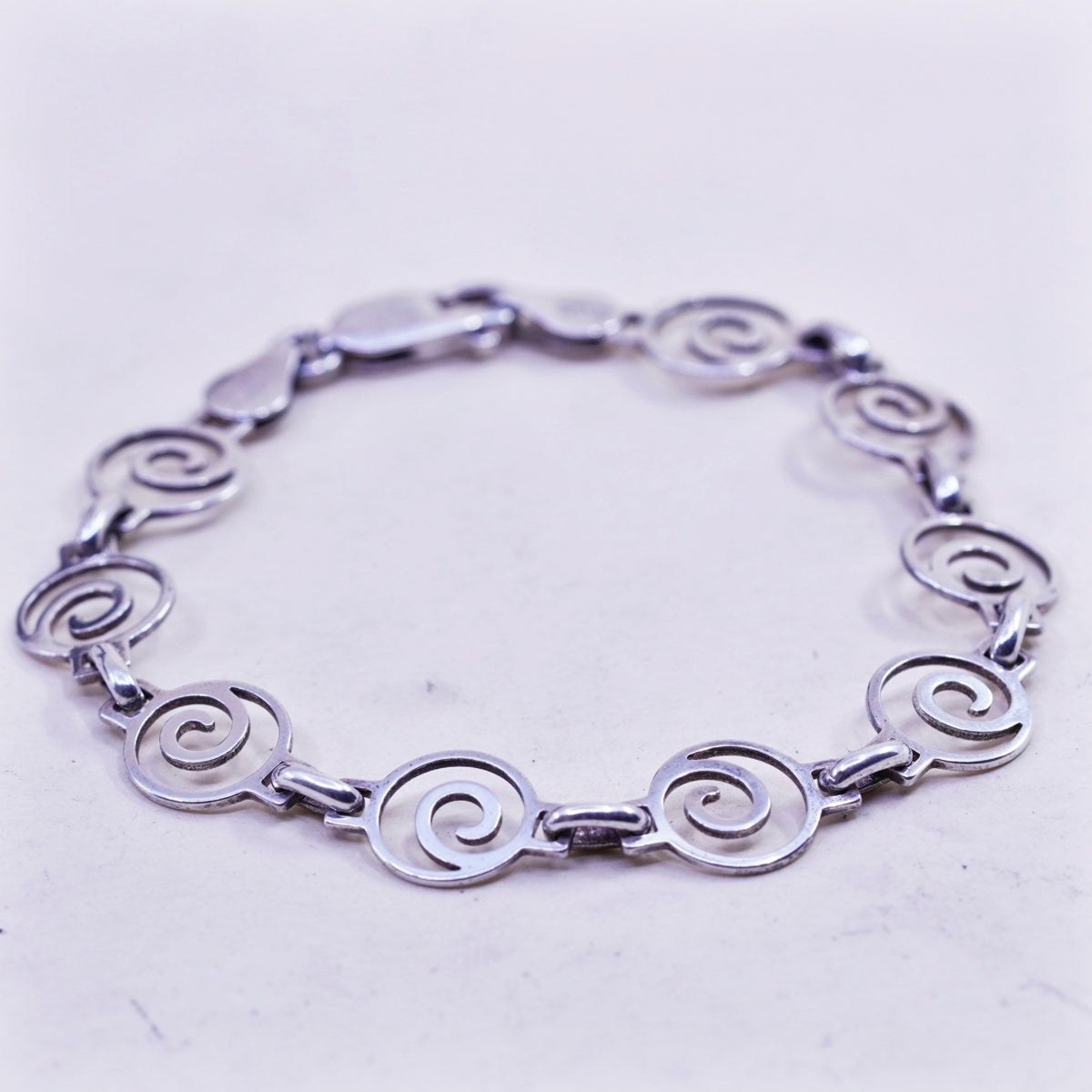 6.75”, Vintage Mexico sterling silver charm bracelet, 925 swirly link chain