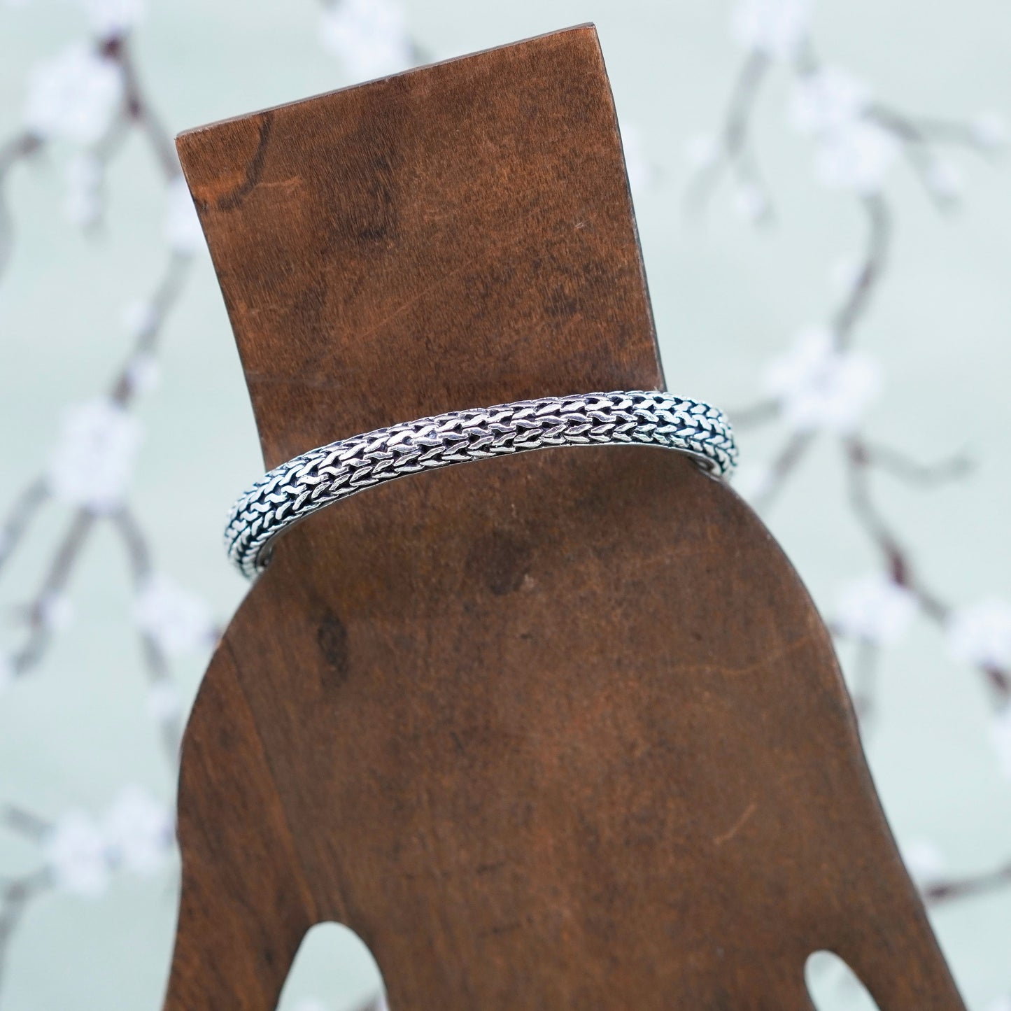 6.5”, Sterling silver bracelet, handmade 925 wheat cable cuff with cluster cz