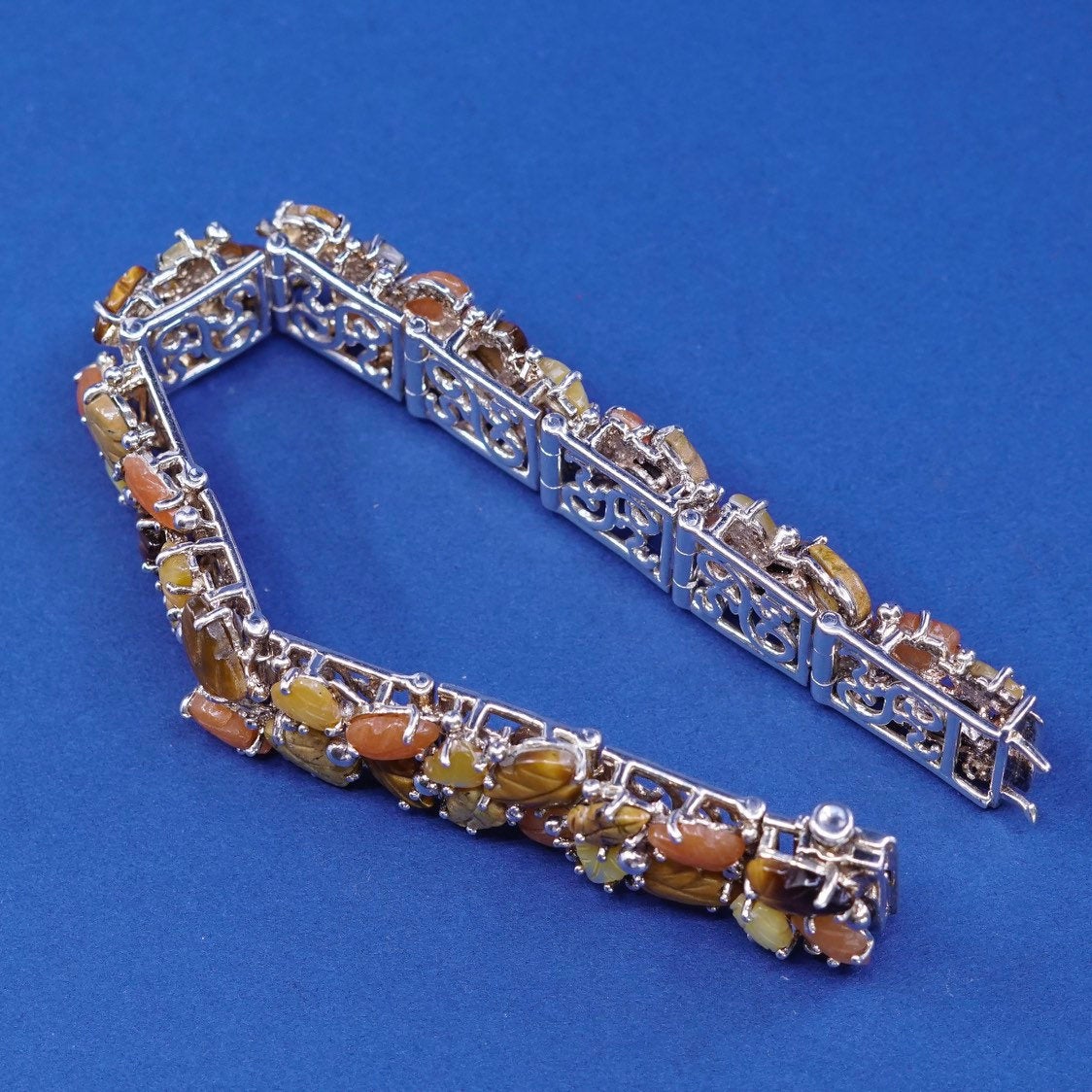 7” WK Whitney Kelly 925 Sterling Silver tennis Bracelet w/ tiger’s eye N leaf