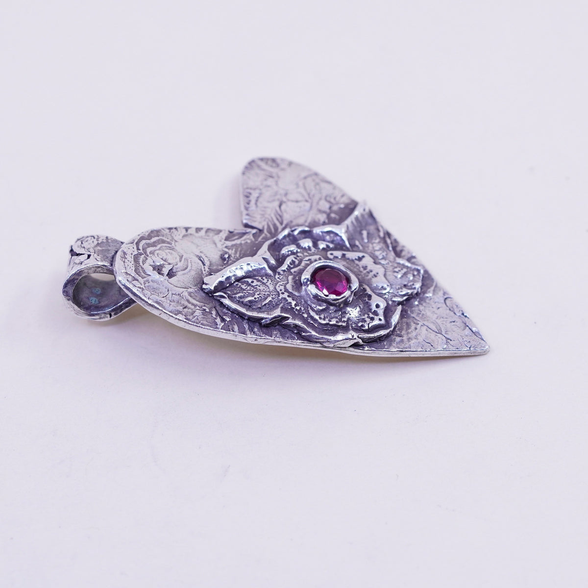 Vintage sterling silver 925 cross handmade textured heart pendant with ruby