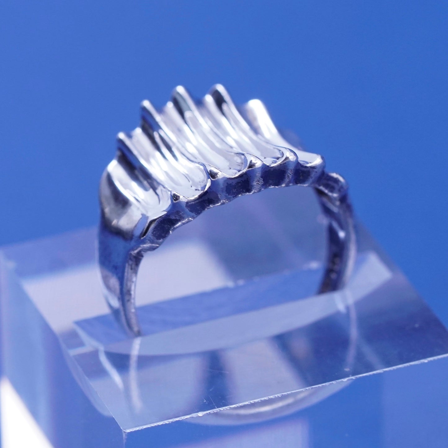 SZ 9, vtg minimalist Sterling silver handmade ribbed ring, 925 statement band