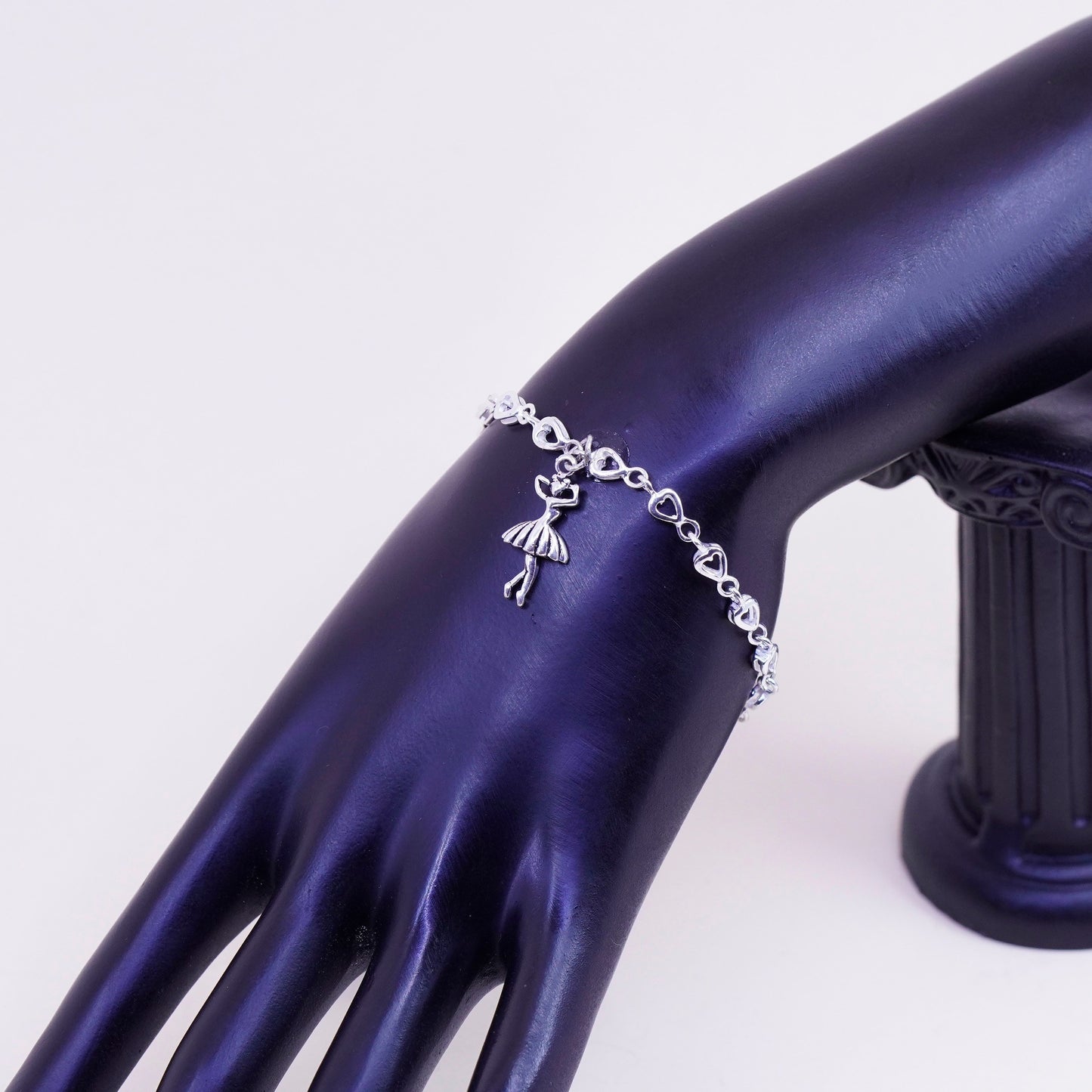 7”, Vintage sterling silver bracelet, 925 heart chain w/ girl ballerina dancer