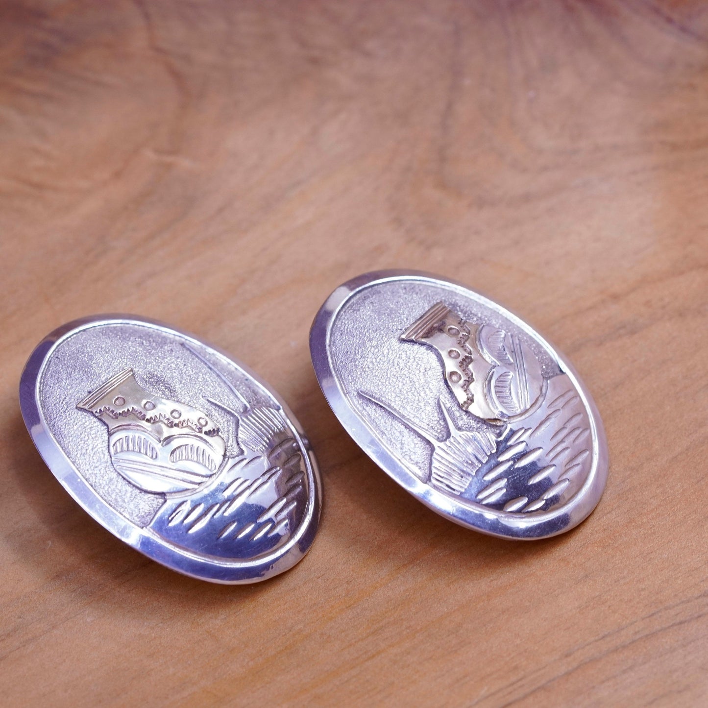 Native American Two Tone Sterling silver earrings, Navajo 925 studs vase relief