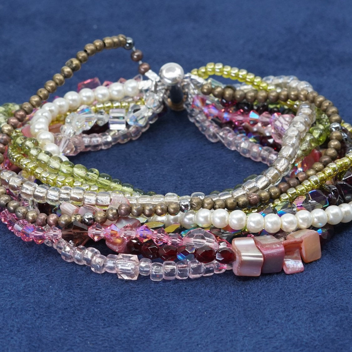 7.25”, vtg sterling silver handmade bracelet, 925 w/ colorful crystal beads