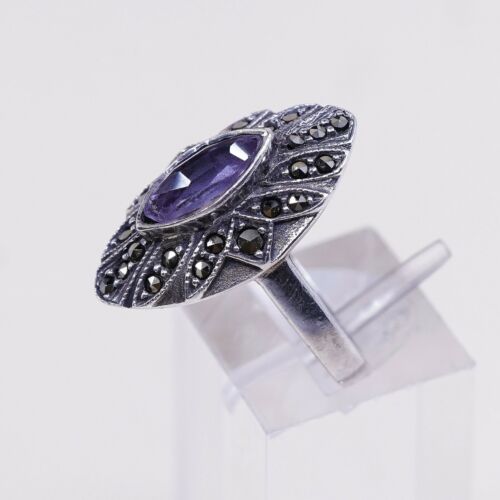 Sz 6.25, Vtg Sterling Silver handmade Ring, 925 W/ Marquise amethyst n marcasite