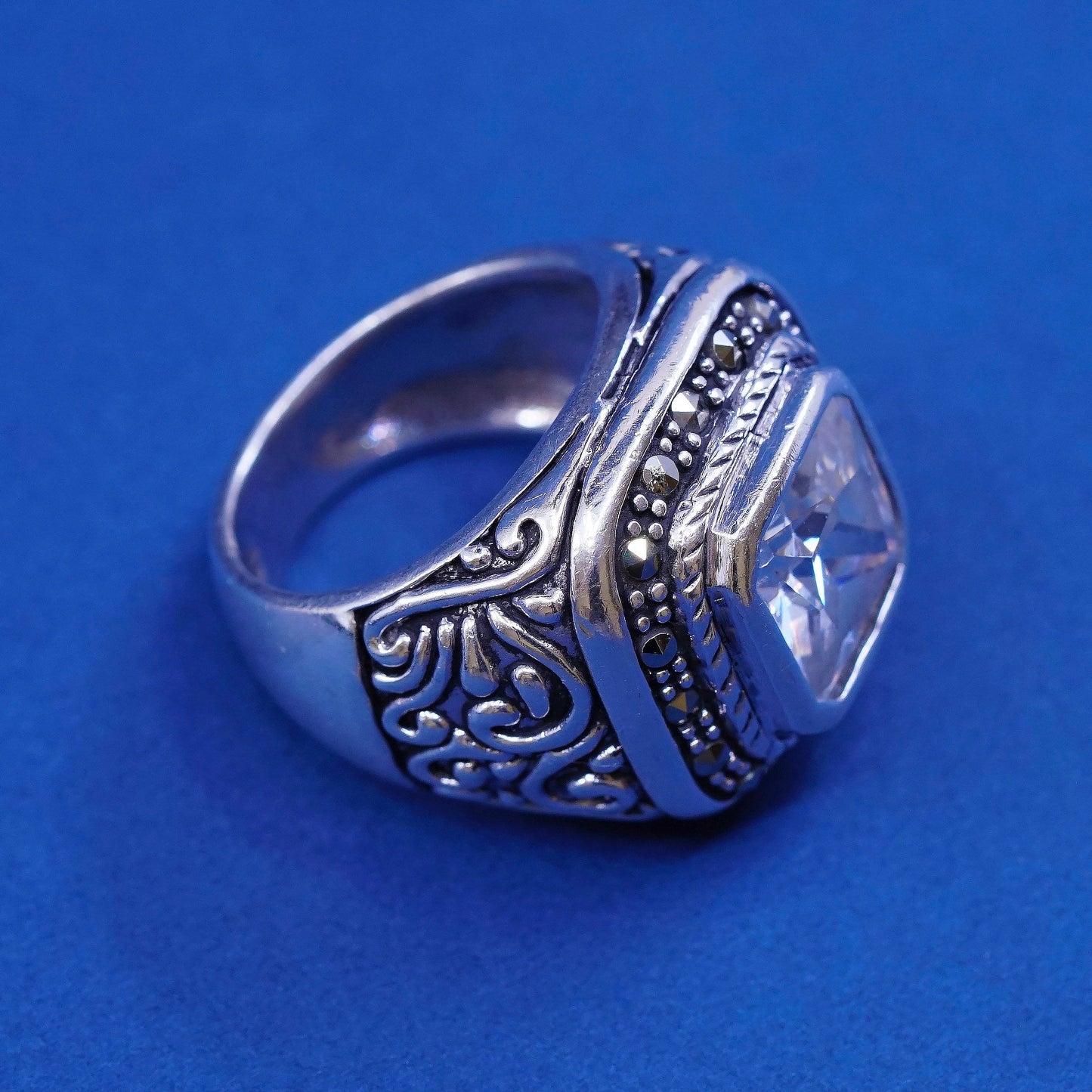 sz 7, vtg Sterling silver handmade statement ring, 925 w/ Cz N marcasite