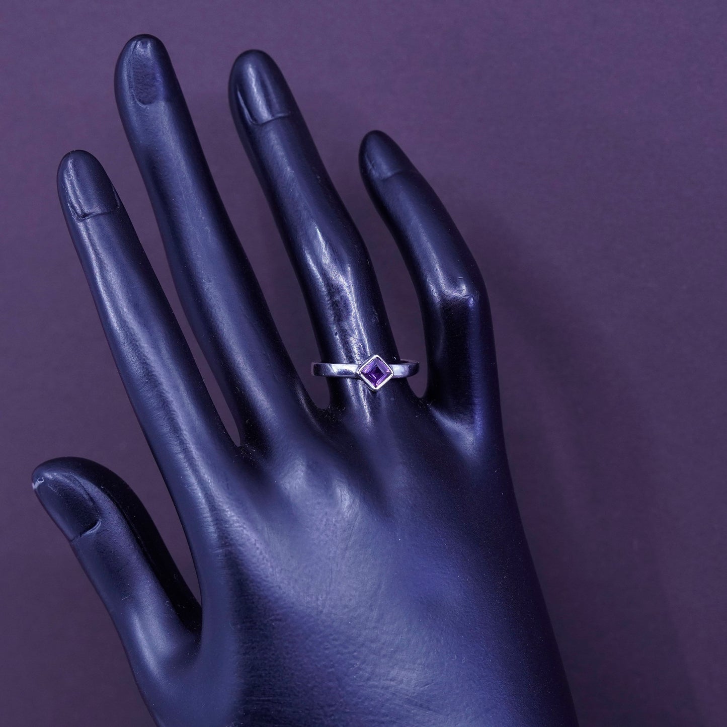 Size 7, Sterling 925 silver handmade stackable band ring with square amethyst