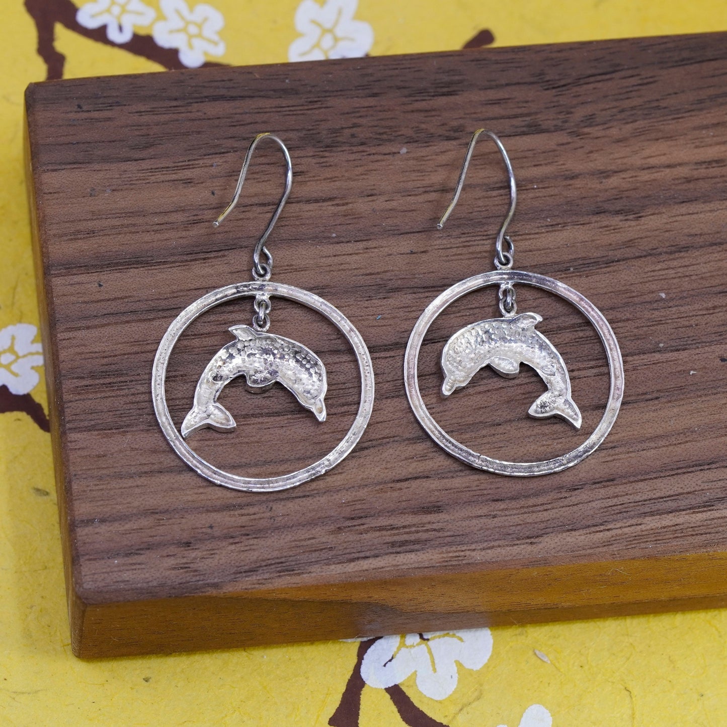 Vintage Sterling silver handmade earrings, 925 circle with dolphin dangle