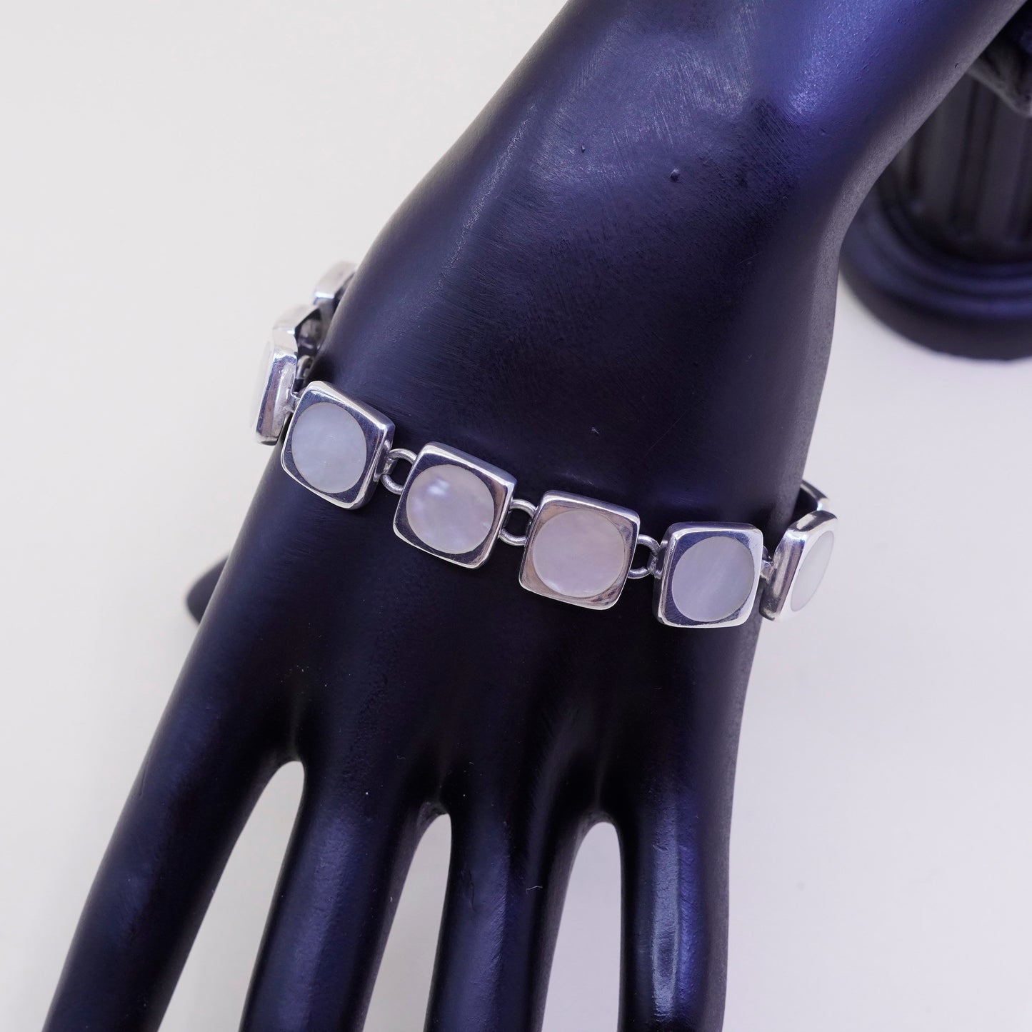 7”, Vintage Sterling silver handmade bracelet, 925 chain with mother of pearl
