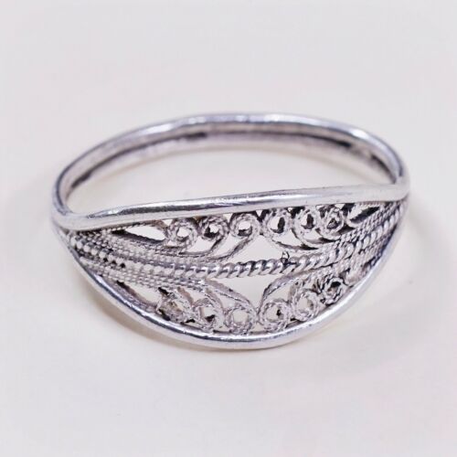 Size 8, Vtg Sterling Silver Handmade Ring, 925 Silver Band W/ Filigree Whirl