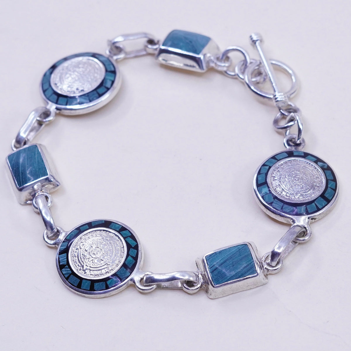 6.75”, sterling silver bracelet, 925 circle disc Mayan calendar malachite
