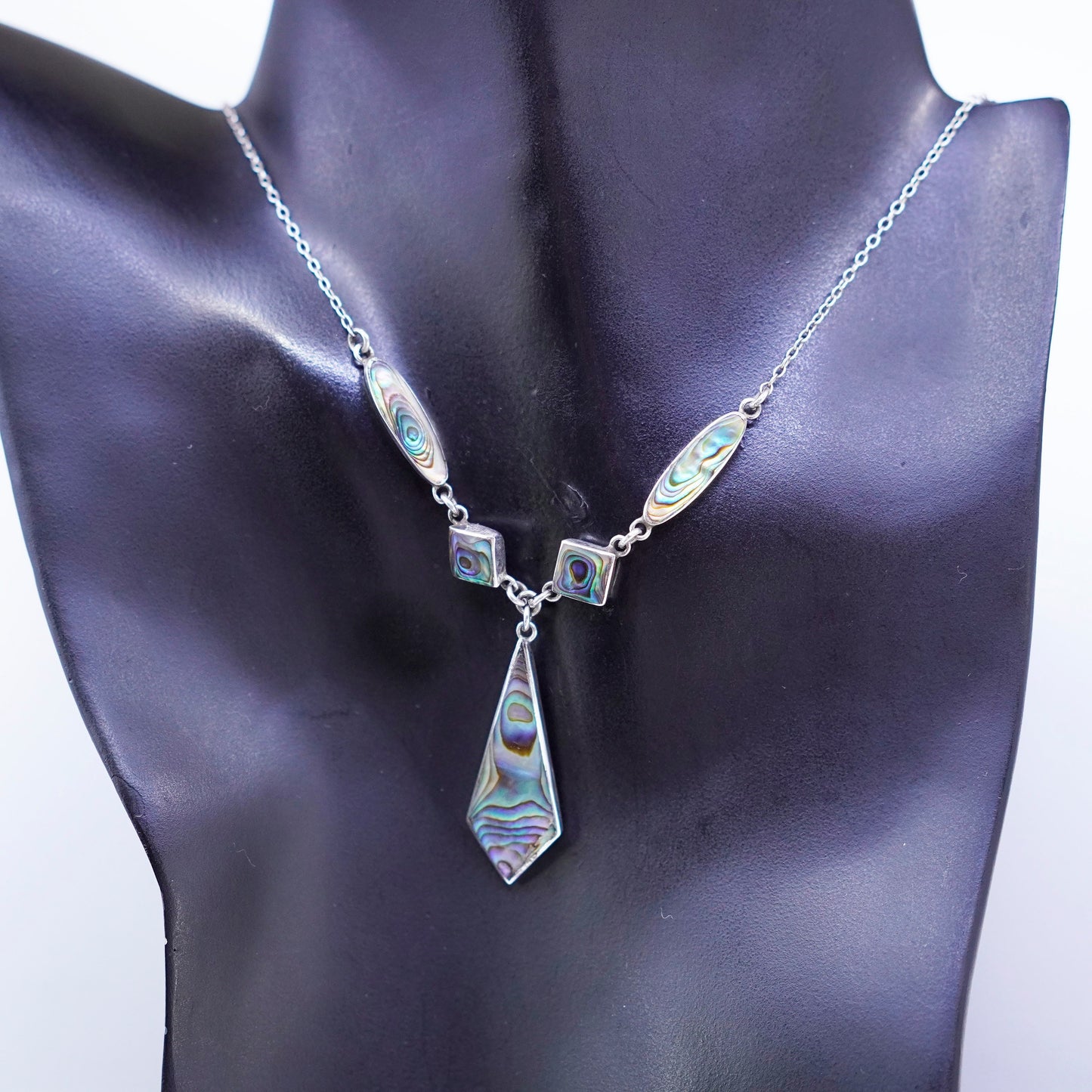 16”, England Sterling 925 silver handmade necklace w/ teardrop abalone pendant
