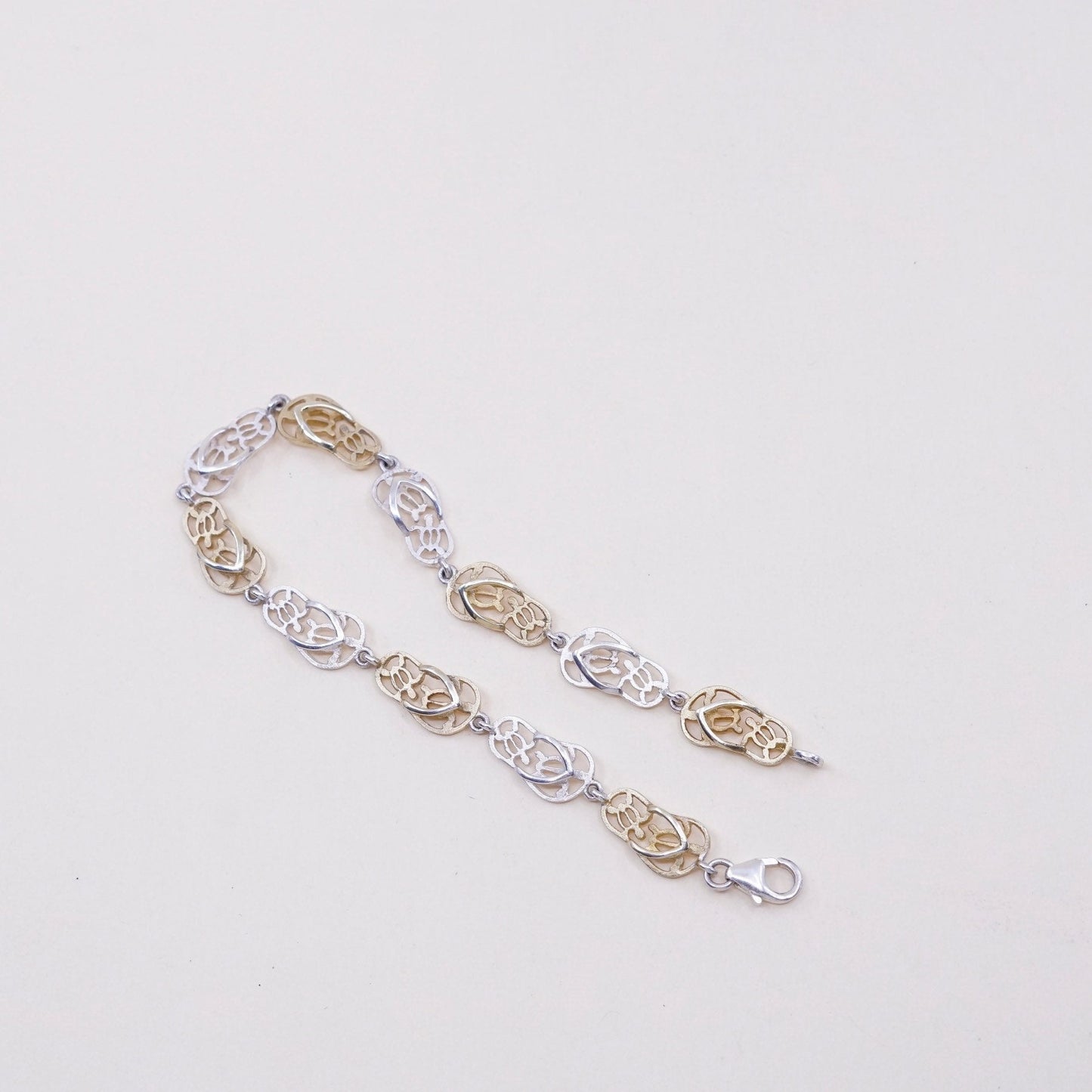 5.5”, vintage two tone sterling 925 silver handmade sandal flip flop bracelet