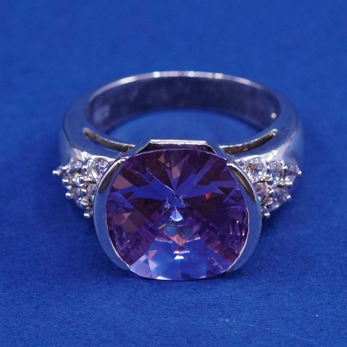 sz 8.75, vtg Sterling silver handmade ring, 925 w/ amethyst ring