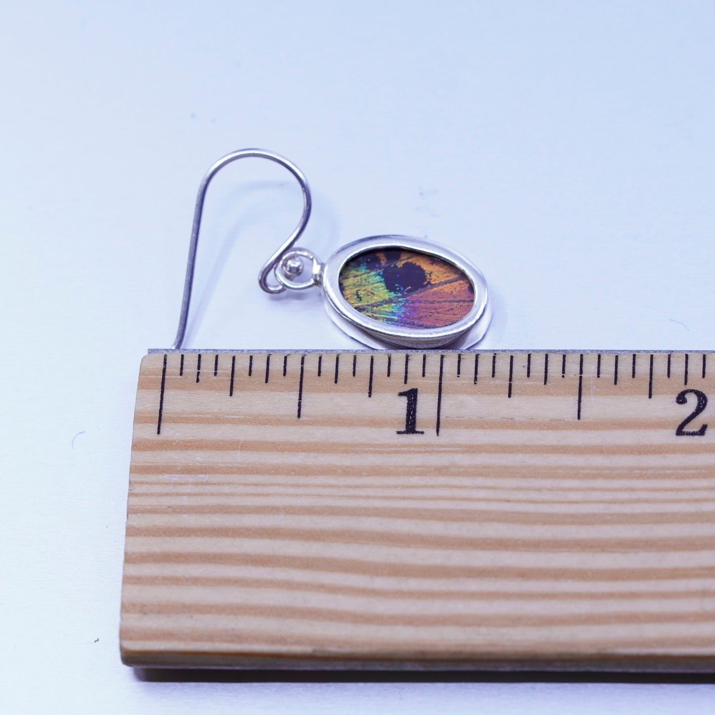 Vintage Sterling 925 silver handmade earrings with oval resin butterfly wings