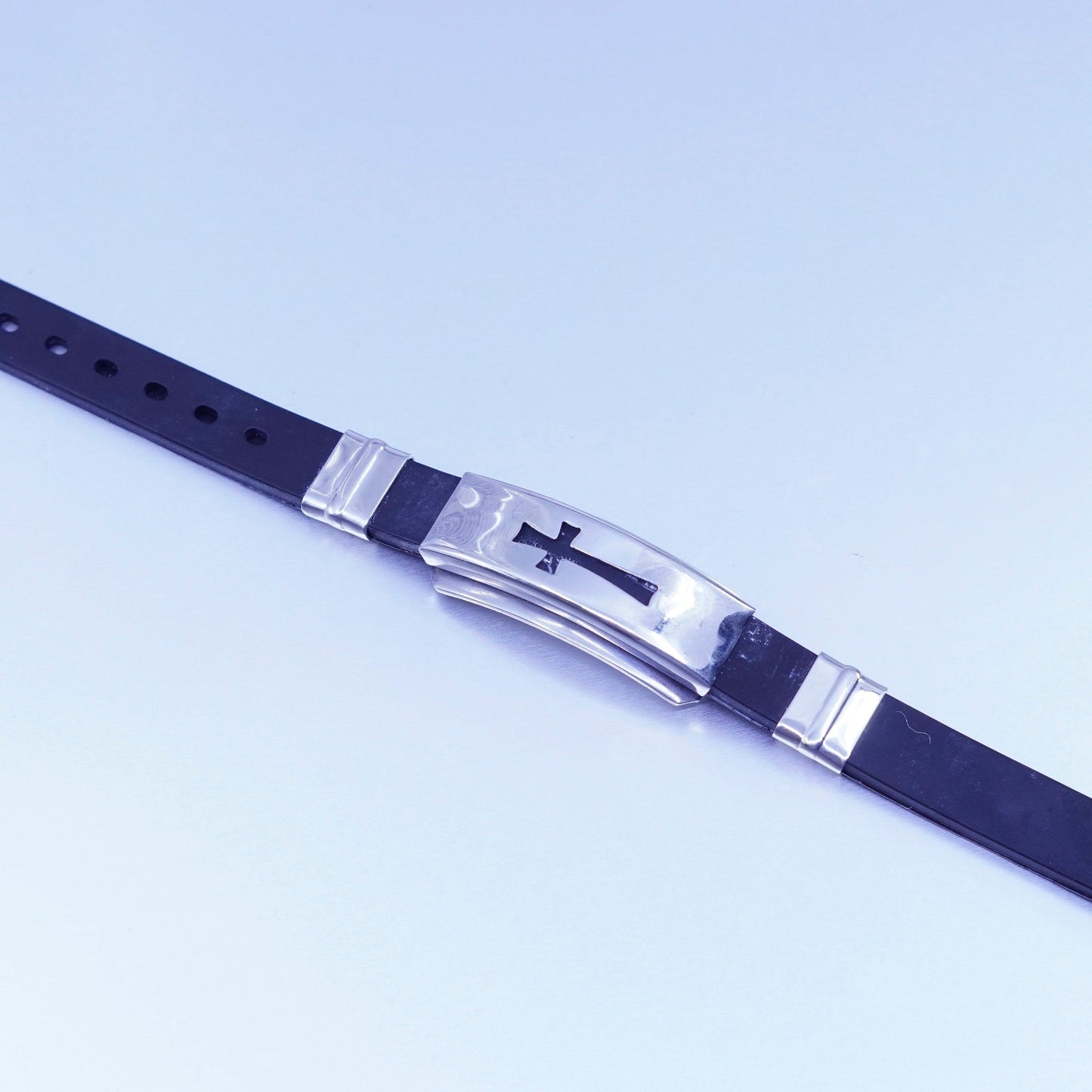 Size adjustable, vintage silver tone stainless steel cross black rubber band