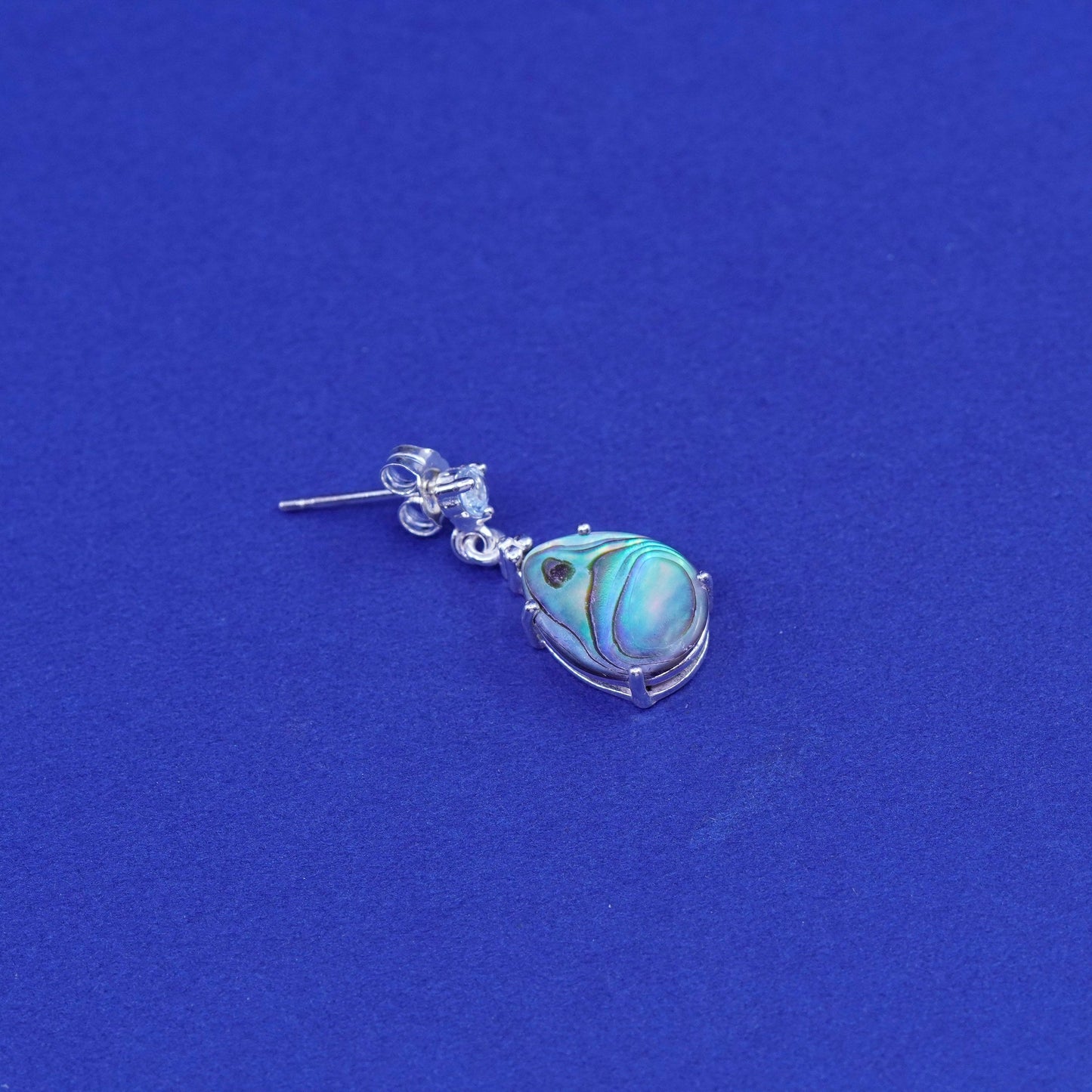 Vintage Sterling 925 silver handmade earrings with teardrop abalone and cz