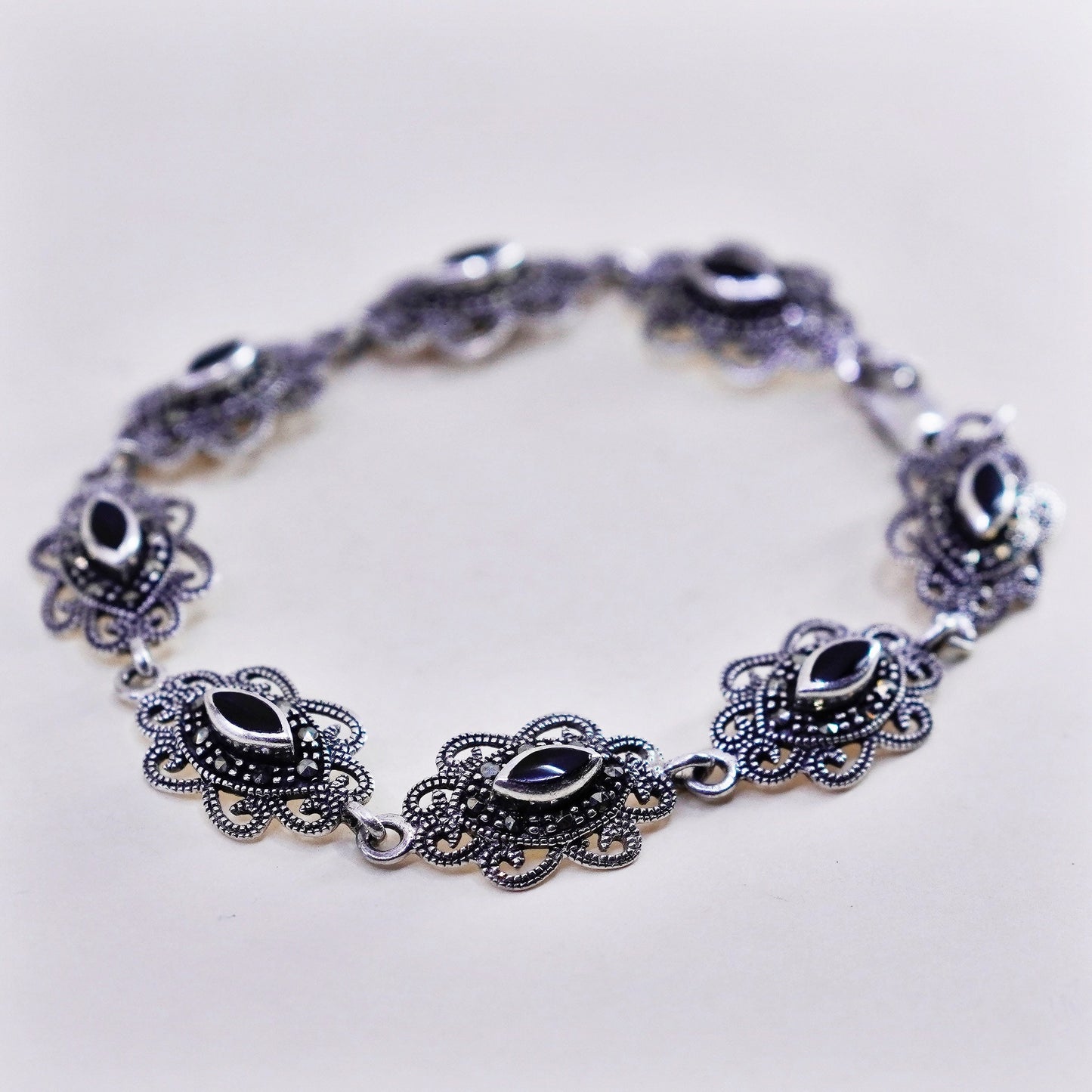 7.5”, sterling 925 silver handmade tennis bracelet w/ obsidian and marcasite