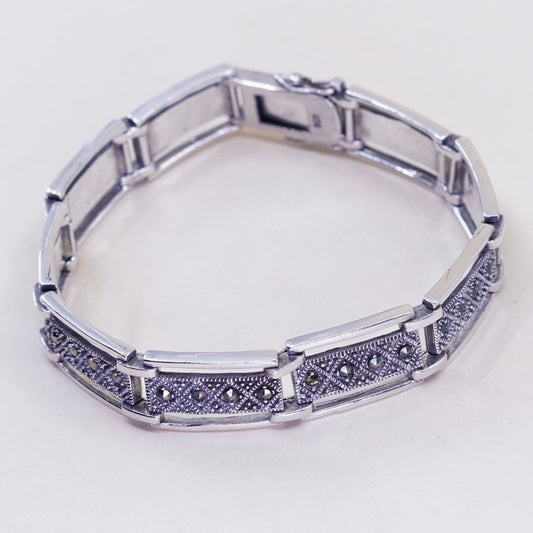 7”, vintage Sterling 925 Silver, elongated chain, tennis Bracelet w/ marcasite