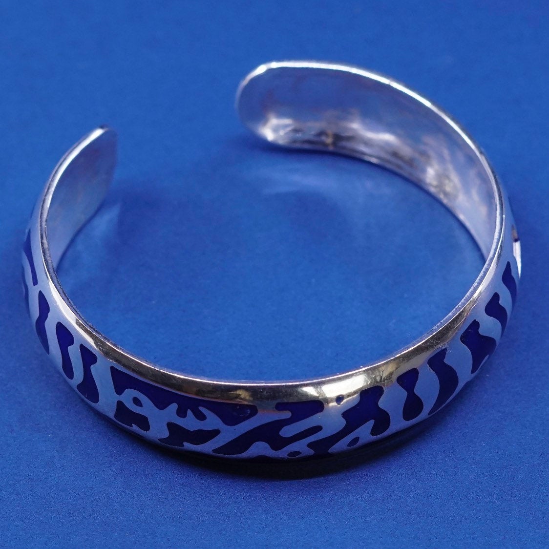 7", vtg Sterling silver handmade bracelet, 925 cuff w/ blue enamel