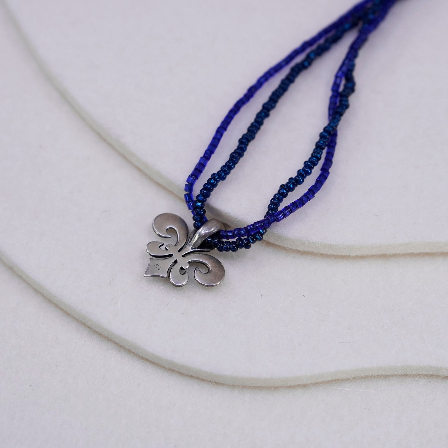 18”, blue beads necklace Sterling 925 silver French symbol fleur-de-lis pendant