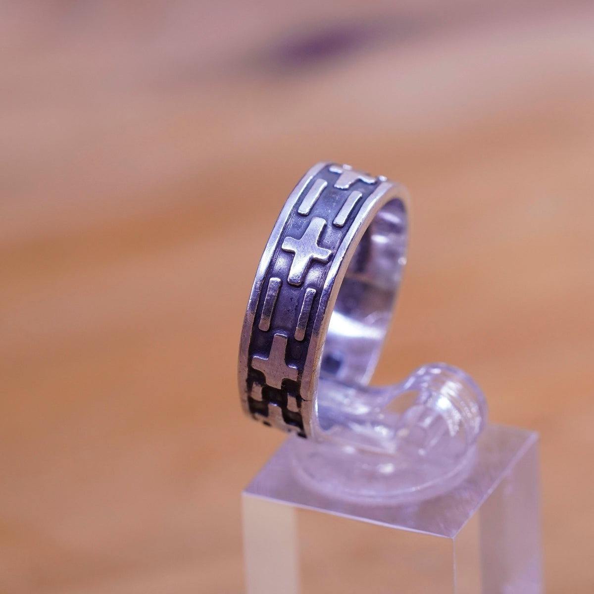 Size 11, vintage Sterling silver handmade ring, Hopi 925 relief cross band