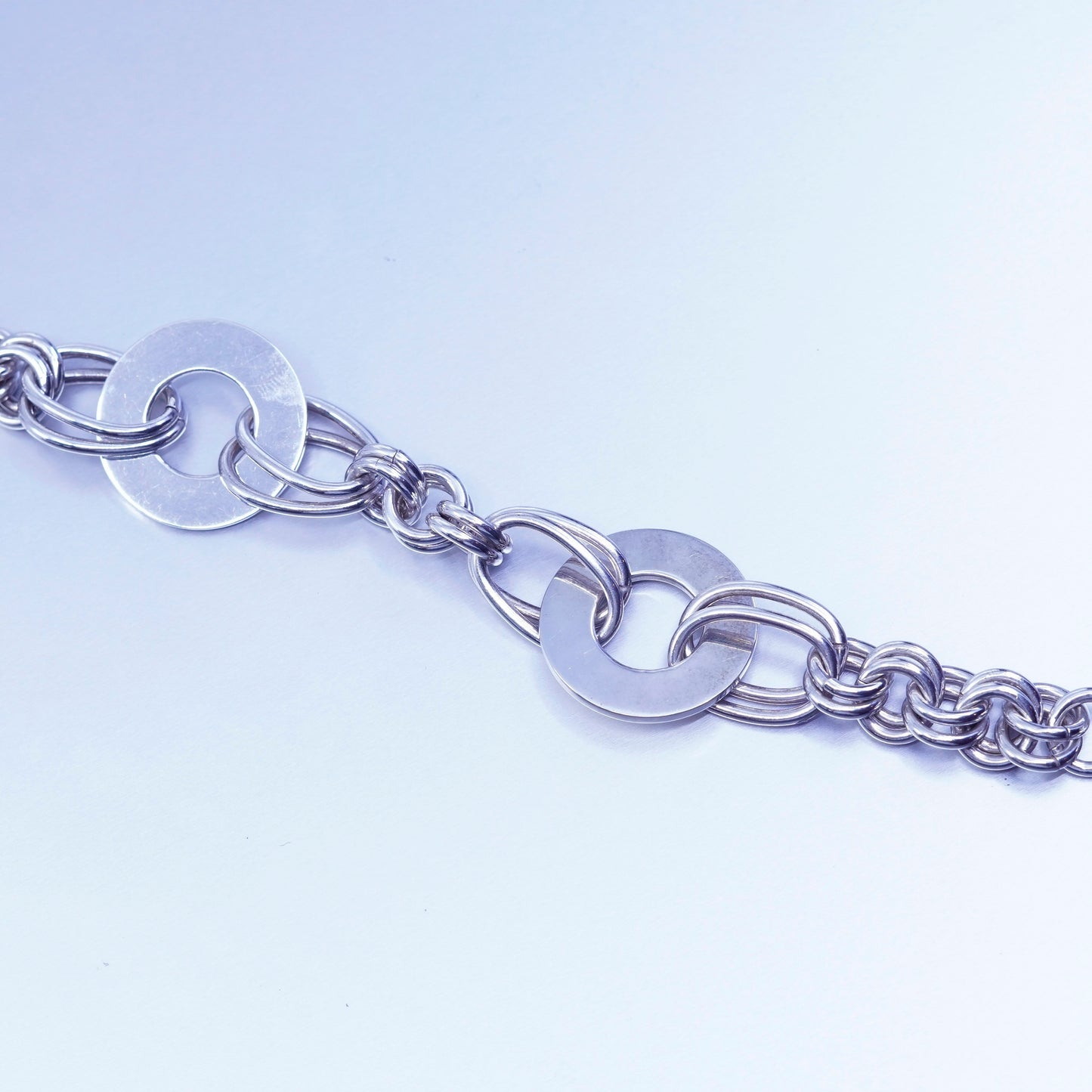 6.75”, Vintage Sterling 925 silver handmade bracelet, double oval chain disc