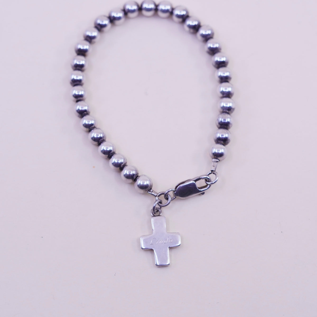 7”, Vintage sterling silver bracelet, 925 beads chain cross charm name “Linda