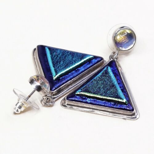 Vtg Modern handmade Sterling 925 Silver Earrings Triangular Green Foiled Glass