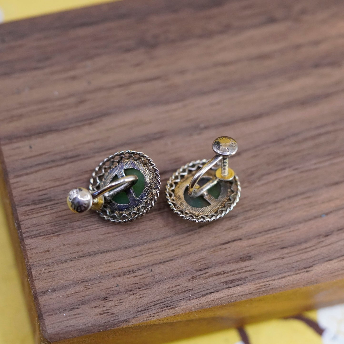 vermeil gold Sterling silver handmade screw back earrings, 925 filigree jade