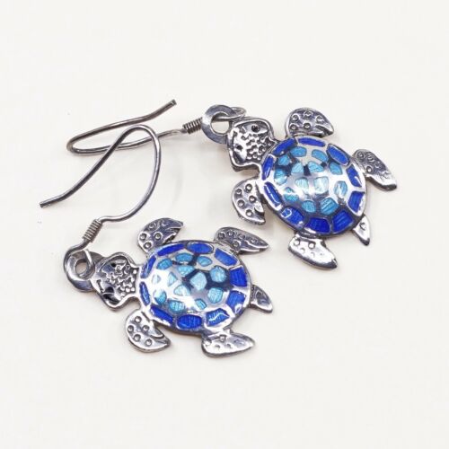 Vtg Designer Arte Sterling Handmade Earrings, 980 Silver Enamel Turtle