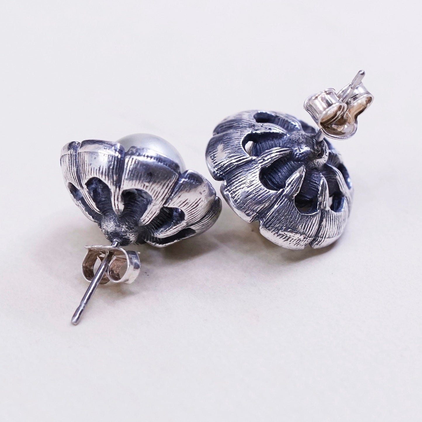 Vintage Sterling silver handmade earrings, 925 flower studs with pearl