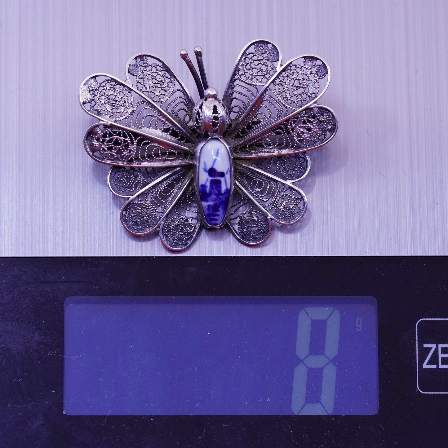 Holland Delft Windmill .925 Sterling Silver filigree Bezel butterfly Pin Brooch