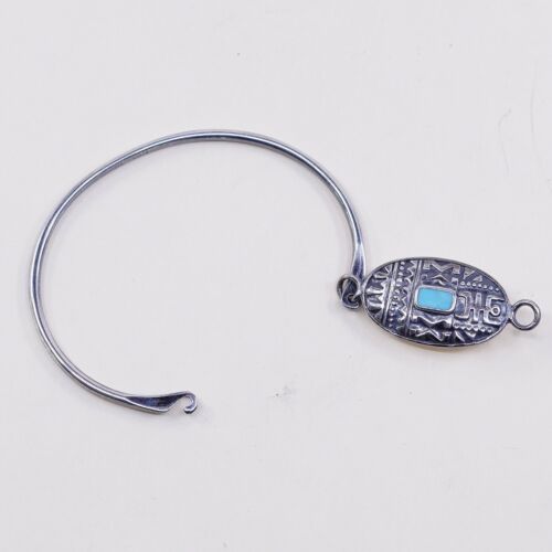 6.5”, Vtg Mexico Sterling Silver Hinged Bangle, 925 Bracelet W/ Turquoise