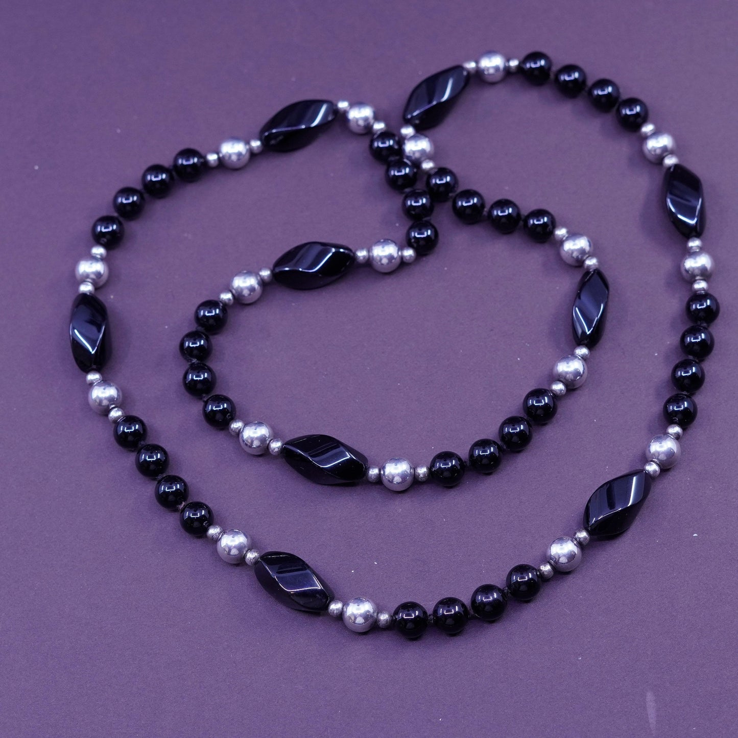 30” vintage sterling 925 silver handmade necklace with obsidian beads
